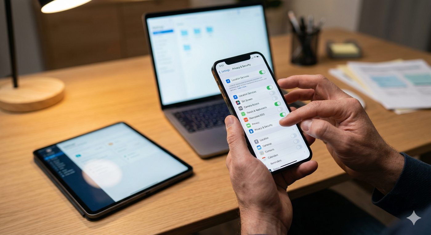 Parent reviewing privacy settings on devices